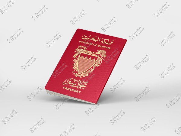 An image of a Bahraini passport shown at an angle on a white background. The front cover is red, featuring the emblem of the Kingdom of Bahrain and the words \"Kingdom of Bahrain\" in both English and Arabic, along with the word \"Passport\" in both languages.