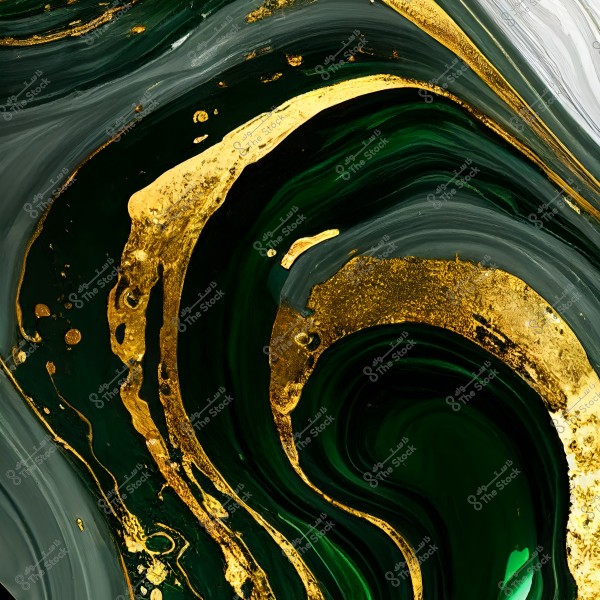 لوحة تجريدية تحتوي على مزيج من الألوان الداكنة مثل الأخضر والأسود مع لمسات من الذهبي اللامع. تتداخل الألوان معًا بلمسات دائرية وعضوية, مما يعطي انطباعًا بالانسياب والحركة.