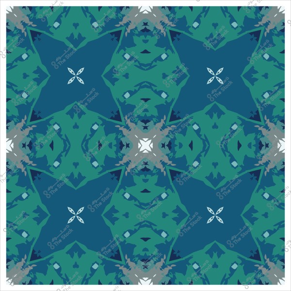 نمط هندسي متناسق بألوان زرقاء وخضراء مع تفاصيل بيضاء وزهور صغيرة في المركز.