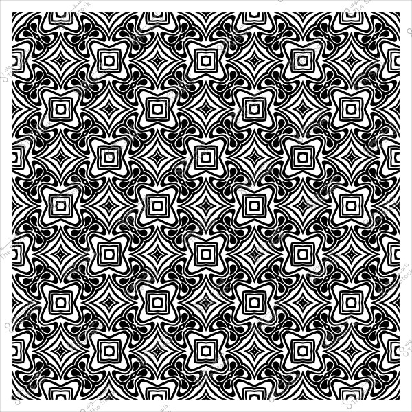 نمط زخرفي متماثل باللونين الأسود والأبيض يحتوي على أشكال هندسية متكررة تشبه الأزهار أو النجوم.