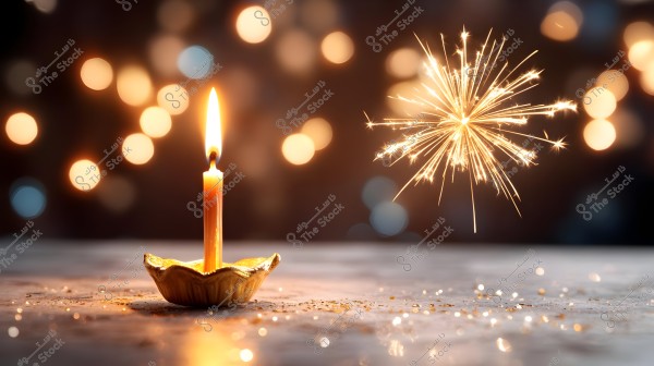 A lit candle placed on a golden holder on a surface, with a bright sparkling firework beside it. In the background, warm bokeh lights in golden and brown tones create a festive and sentimental atmosphere.