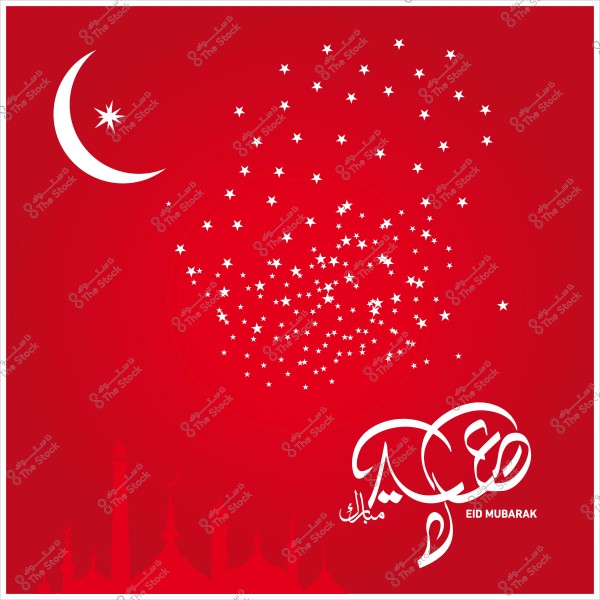 صورة تهنئة بالعيد تظهر هلالًا أبيض ونجومًا على خلفية حمراء, مع عبارة \"عيد مبارك\" بالخط العربي.