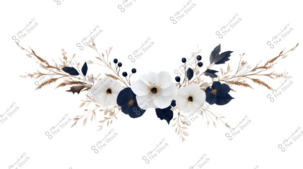 A beautiful floral arrangement consisting of large white flowers surrounded by dark blue flowers and leaves, with botanical branches. The branches include small berries and are in shades of brown. The background is a clean white, highlighting the floral details.