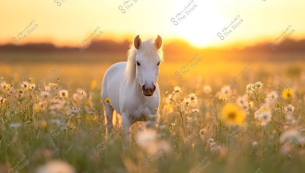 An image of a small white horse standing in a field full of wildflowers under the golden sunlight at sunset. The flowers in shades of yellow and white fill the scene, while the backlighting creates a glowing effect.