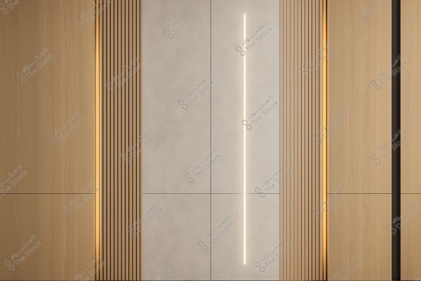 The image shows a modern wall design featuring light-colored wooden panels with a strip of thin vertical lines in the center. A vertical illuminated line runs through the middle of the wall, adding a contemporary touch to the design.