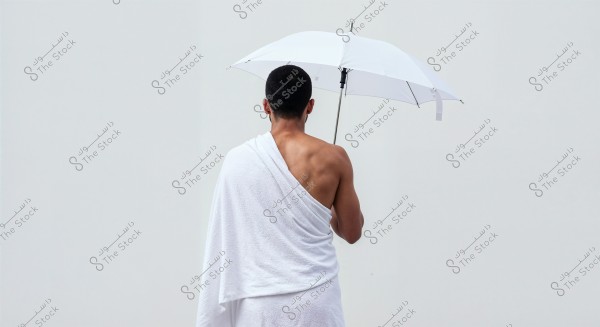 An image of a man from the back, wearing a white ihram, holding a white umbrella in his left hand. The background is plain, highlighting the attire and accessory details. The image seems inspired by the Hajj pilgrimage, where pilgrims typically wear such garments.