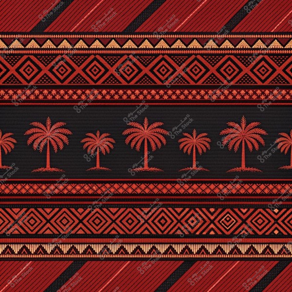 A traditional pattern on fabric in red, black, and gold colors. The design features palm trees surrounded by intricate geometric patterns consisting of diamond and triangular shapes. The design seems to be inspired by Arabic cultural elements, possibly from Saudi Arabia, reflecting traditional decorations.