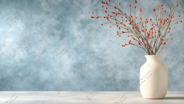 An image showing a simple white ceramic vase containing a cluster of dry branches with small red berries. The background is a blue-gray gradient, providing a sense of calm and tranquility.