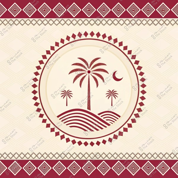 تصميم زخرفي يتضمن دائرة مركزية تحتضن نخلة كبيرة مع نخيلتين صغيرتين في الخلفية, وقمر هلالي. الأرضية تظهر بتصميم أمواج. الإطار الخارجي للدائرة مزيّن بأشكال هندسية تناوبية. الخلفية بلون بيج مزخرف بأنماط ماسية, وتتضمن الشريط العلوي والسفلي أشكالاً هندسية متكررة باللون الأحمر.
