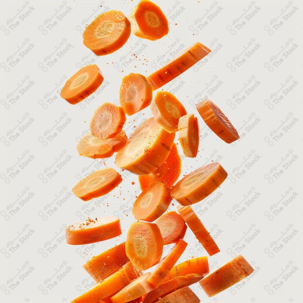 A high-resolution image of several carrot slices cascading down in a row against a clean, white background.