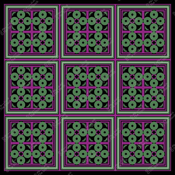 Geometric pattern featuring interlocking squares with green, purple, and black colors.