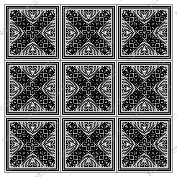 تصميم هندسي متماثل باللونين الأسود والأبيض يتكون من تسعة مربعات بداخلها نقوش معقدة.