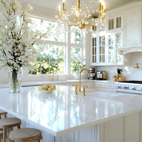 The image depicts a bright and elegant kitchen with white surfaces and gold accents. In the center, there is a kitchen island with a marble top, featuring a large glass vase filled with white flowers. A luxurious gold chandelier hangs from the ceiling, and there is a distinctive gold faucet over a sink on the island. Large windows in the background allow natural light to flood in, and modern appliances and white cabinets are visible.
