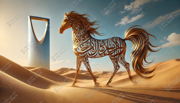 An artistic image of a horse designed with intricate Arabic calligraphy walking through a desert with golden sands. In the background, the Kingdom Tower in Riyadh, Saudi Arabia, stands prominently under a clear blue sky with scattered clouds. The horse is distinctive in its unique design and the calligraphy adorning its body.