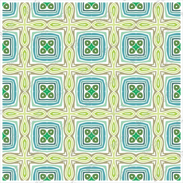 A colorful geometric pattern repeats symmetrically with green, blue, and beige colors, featuring circular and square shapes.