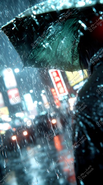 الصورة تعرض مشهدًا في مدينة مزدحمة ليلاً تحت المطر. يُظهَر شخص يحمل مظلة ويحمي نفسه من المطر, مع أضواء النيون للمدينة تتلألأ في الخلفية وتعكس الألوان المتعددة على الشوارع المبللة.