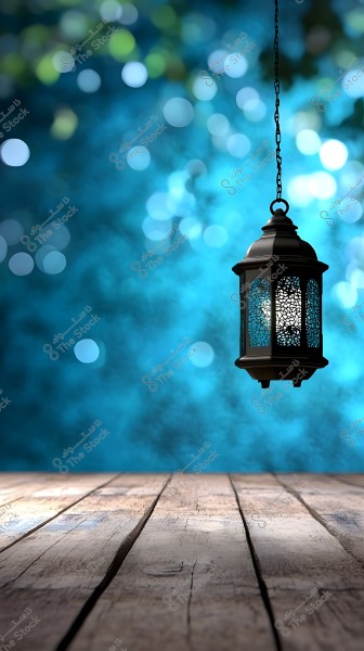 A dark metal lantern hanging by a chain in front of a blurred blue background with circular bokeh lights. The wooden floor is visible in the lower part of the image, adding a warm, dim ambiance.