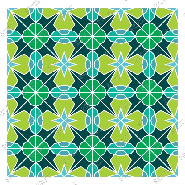 تصميم هندسي إسلامي بألوان خضراء وزرقاء بأشكال نجمية جميلة ومتكررة.