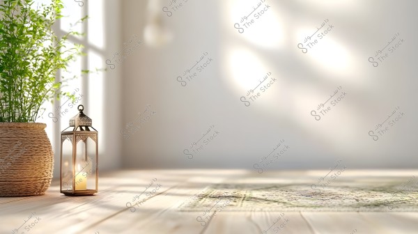 An image of a bright room filled with sunlight streaming through the window. On the floor, there is a patterned rug next to a metal lantern with a lit candle inside. To the left, a green plant is placed in a wicker basket. The background is a white wall, evoking a sense of calm and simplicity.