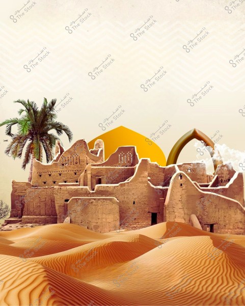 Image of an ancient city in the middle of the desert, featuring traditional mud-brick buildings with unique architectural forms. In the background, a prominent palm tree adds a cultural touch to the scene. The soft golden desert sands appear wavy under the light around the structures.