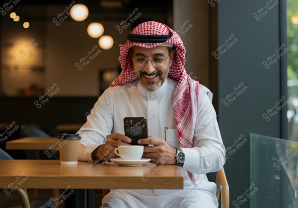 Image of a man sitting in a café, wearing traditional Saudi attire (thobe, ghutra, and agal). He appears happy while looking at his smartphone. In front of him on the table is a cup of coffee with another coffee cup beside it. The background reveals soft details of the café and hanging lights.