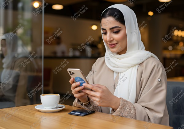 A woman sits in a café, looking at her smartphone with a focused expression and a slight smile. She is wearing a beige abaya and a white hijab. On the table in front of her, there is a cup of coffee and a card. The café serves as a blurred background.