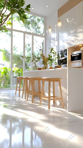 The image shows a modern open kitchen with light colors. There is a white counter with tall wooden stools. The kitchen features white cabinets and modern appliances. Large windows allow natural light to flood in, and the table is adorned with plants and flowers in glass vases, adding a touch of nature.