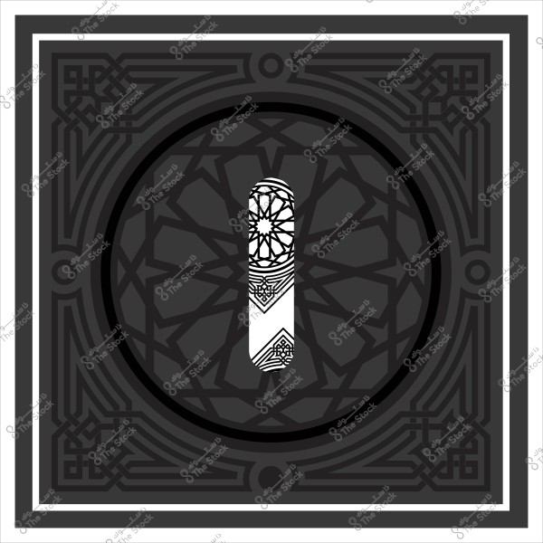 تصميم رقمي باللونين الأسود والأبيض للحرف العربي "أ" مع تفاصيل هندسية إسلامية في الخلفية.