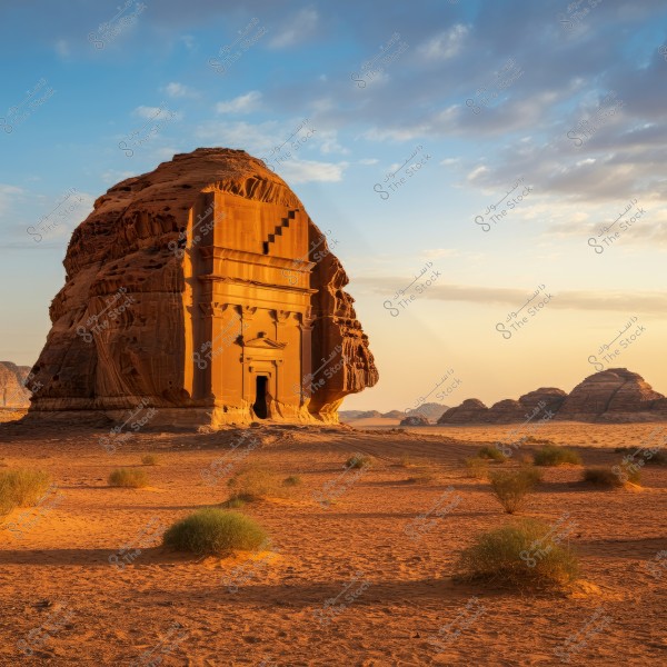 An image of an archaeological site in the desert showing a tomb carved into a large rock, surrounded by a stunning desert landscape with scattered shrubs and a cloudy horizon. The golden hues of the rock reflect the sunlight, creating a beautiful harmony with the blue sky.
