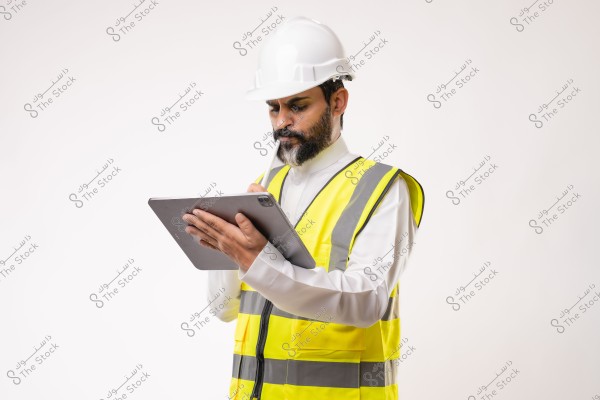 A photo of a man wearing a safety helmet and a yellow reflective vest, standing against a white background. He appears to be using a tablet and seems focused on his work. The man is wearing traditional white attire under the safety vest, suggesting he might be from the Gulf region.