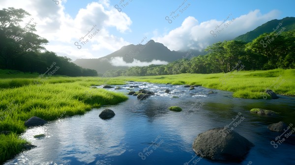 A beautiful natural scene depicting a flowing river scattered with rocks, surrounded by lush green grass. Dense trees extend across the horizon, with mountains in the background covered by clouds, under a clear blue sky with white clouds.