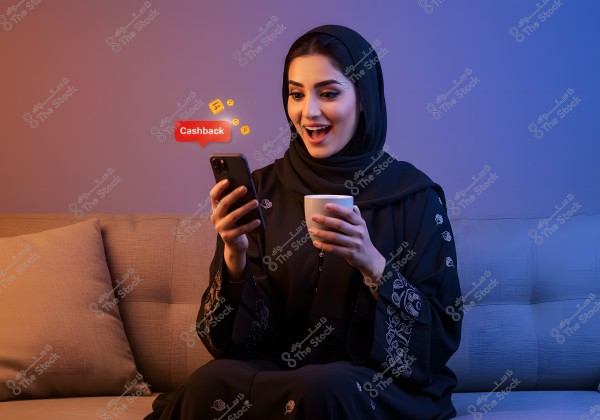 A woman in a black abaya is sitting on a couch, looking surprised and happy while viewing her mobile phone. Beside her, there is a text bubble that says \"Cashback\" with money icons. She is holding a coffee cup in her other hand. The surrounding environment is lit with warm colors.