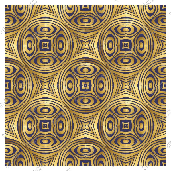 Geometric circular pattern in gold and blue with a symmetrical design repeating circular and star-like shapes.