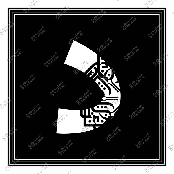 تصميم جرافيكي لشكل مُجرد يحتوي على نقوش وزخارف هندسية بالأبيض والأسود داخل حواف مربعة.