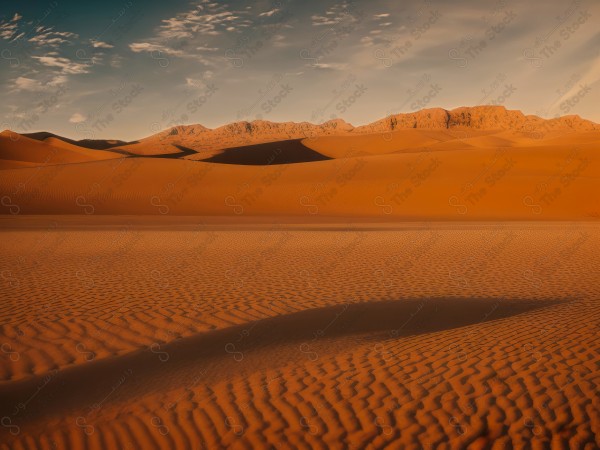 لقطة للكثبان الرملية الذهبية في الصحراء السعودية وتظهر السماء صافية  نهارًا ، الربع الخالي ، مناطق صحراوية، مصممة بواسطة الذكاء الاصطناعي