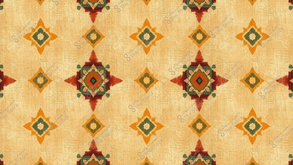 نمط زخرفي بتصميم هندسي ملون على خلفية بيج. يتكون النمط من أشكال نجمية بألوان برتقالية وخضراء وحمراء, موزعة بانتظام مع تفاصيل دقيقة, مما يخلق مظهراً متوازنًا وجذاباً.