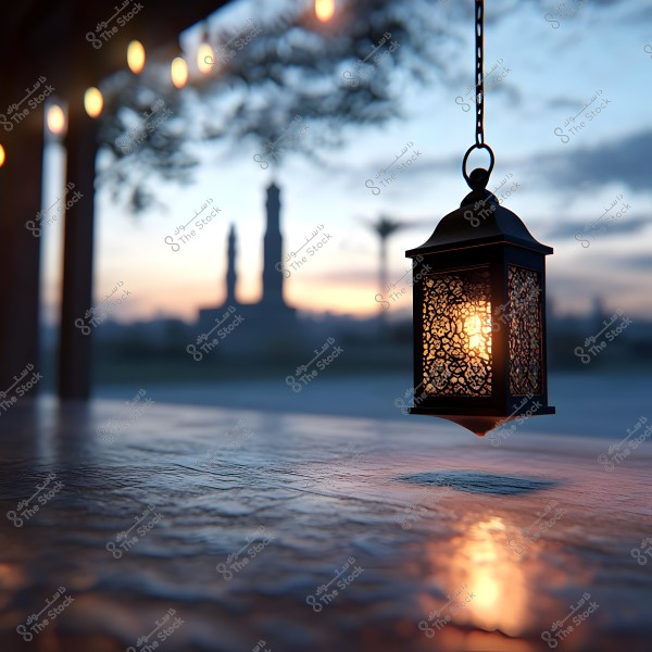A lit lantern with a decorative design hanging in the air, set against a nighttime backdrop with soft lights and a sunset sky. A historical monument is visible in the blurred distance. The image evokes a sense of tranquility and Ramadan ambiance.