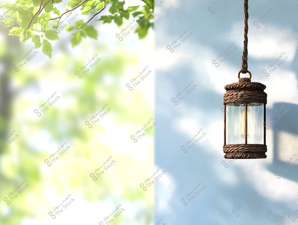 A lantern-style light fixture hung by a brown rope on a blue wall, with light glowing through the glass. The left side of the image shows tree branches with green leaves in the background lighting, creating a serene and natural atmosphere.