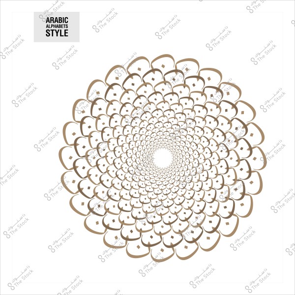Circular decorative design made of Arabic alphabets in brown color.
