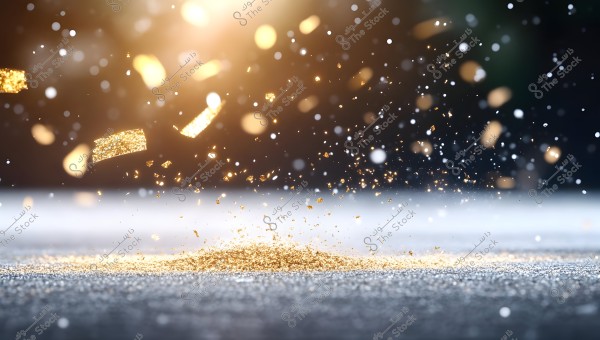 The image shows golden particles floating in the air against a dark, blurred background. The particles fall onto a reflective surface illuminated by bright, warm light from above. The sparkle and glowing particles create a festive effect.