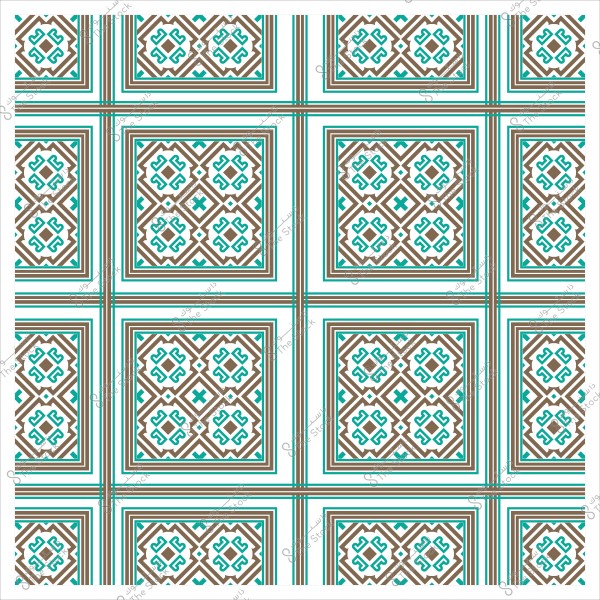 Traditional geometric pattern design with square shapes and intersecting lines in green, blue, and brown colors.