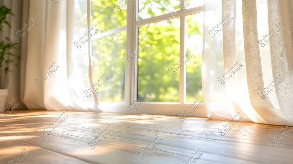 An image showing a large glass window with sheer white curtains. Sunlight streams in, illuminating the wooden floor pleasantly, while greenery and trees are visible outside. There is a plant in the left corner of the image.