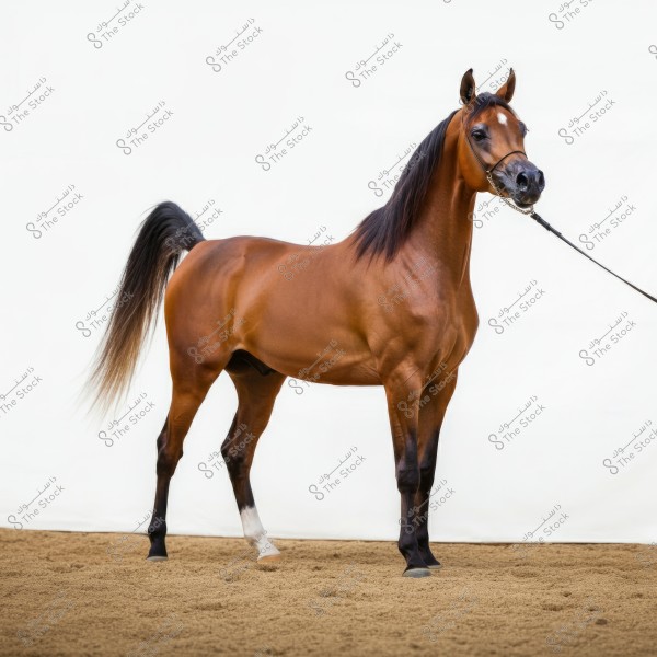Image of a bay Arabian horse standing on a sandy ground. The horse has a sleek body with defined muscles and a long black tail. It has a small head and upright small ears, wearing a thin bridle. The background is white, highlighting the horse\'s features.