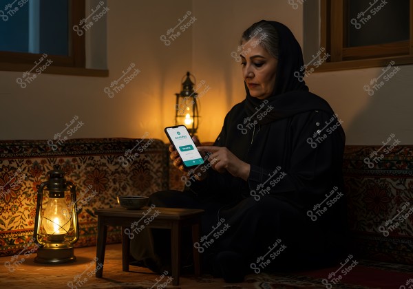 A photo of a woman sitting on a sofa with traditional patterns, wearing a black abaya and headscarf, pointing at a smartphone displaying a banking app interface. The warmly lit room features old-fashioned lanterns and a small table with a bowl on it.
