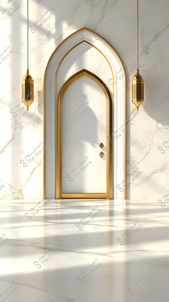 The image depicts an ornate door with a golden and white arch set in the center of a luxurious marble wall. Two ornate golden lanterns hang on either side of the door, casting shadows that complement the elegant aesthetic of the space. The floor is made of glossy marble with a veined pattern.