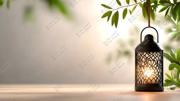 An image of a black metal lantern with geometric designs, illuminated by a candle inside, hanging against a wooden surface lit by daylight. Green leaves are visible in the background, adding a natural touch to the scene.
