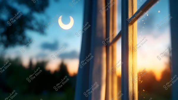 A view of a sunset from a window, showing part of the window frame on the right with some glowing specks. In the background, a crescent moon is seen in the distant sky with warm sunset hues and blurred silhouettes of trees.