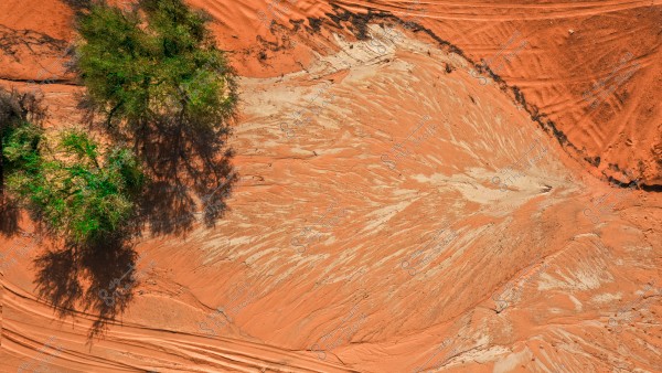 Aerial view of a desert landscape with red soil. The ground shows water flow marks formed by erosion. Green trees are present on the left side of the image, casting shadows on the ground.