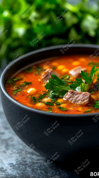 An image of a bowl of red soup in a black bowl. The soup contains pieces of meat, chickpeas, and green parsley leaves. The background is blurred, showing green foliage.