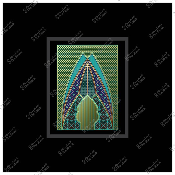 Geometric design with Islamic motifs in blue, green, and gold, featuring interlocking geometric patterns and a dotted background.